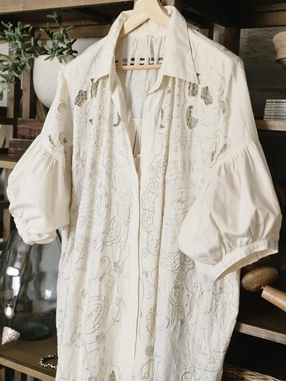 Free People Embroidery Oversized Button Front Kaftan Lace Dress NWOT